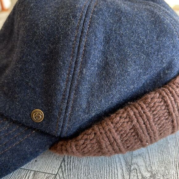 Ear-Flap Hat Blue Wool brown cableknit plaid flannel lined S/M Gap Vintage - Picture 7 of 12